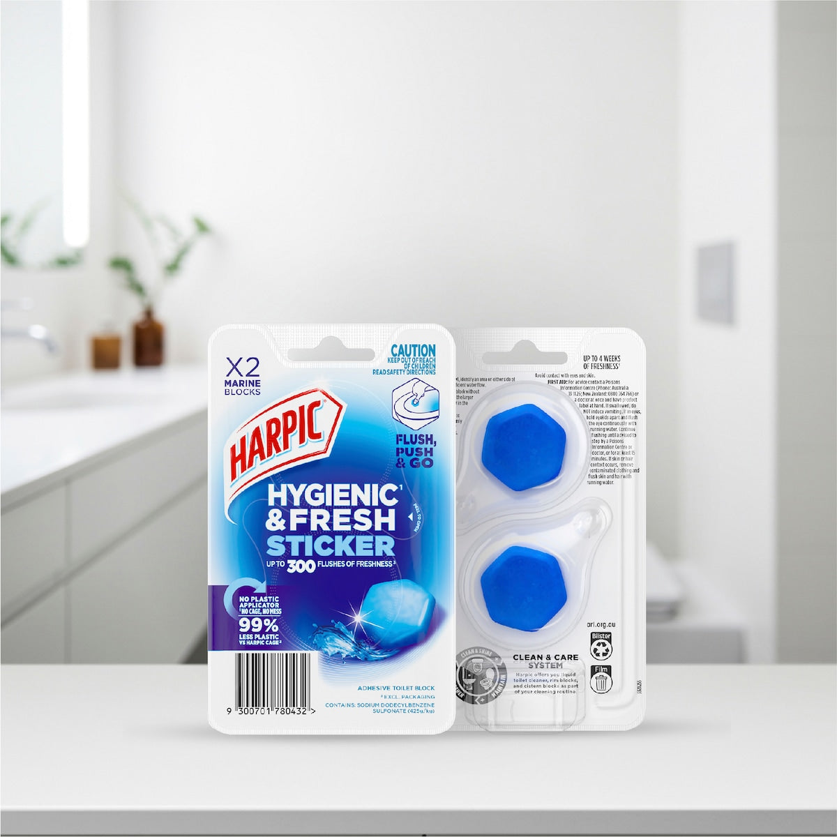 Harpic Hygenic & Fresh Sticker Adhesive Toilet Block Marine 2 Pack