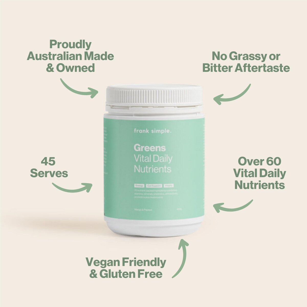 Frank Simple. Greens Vital Daily Nutrients Mango & Papaya 450g