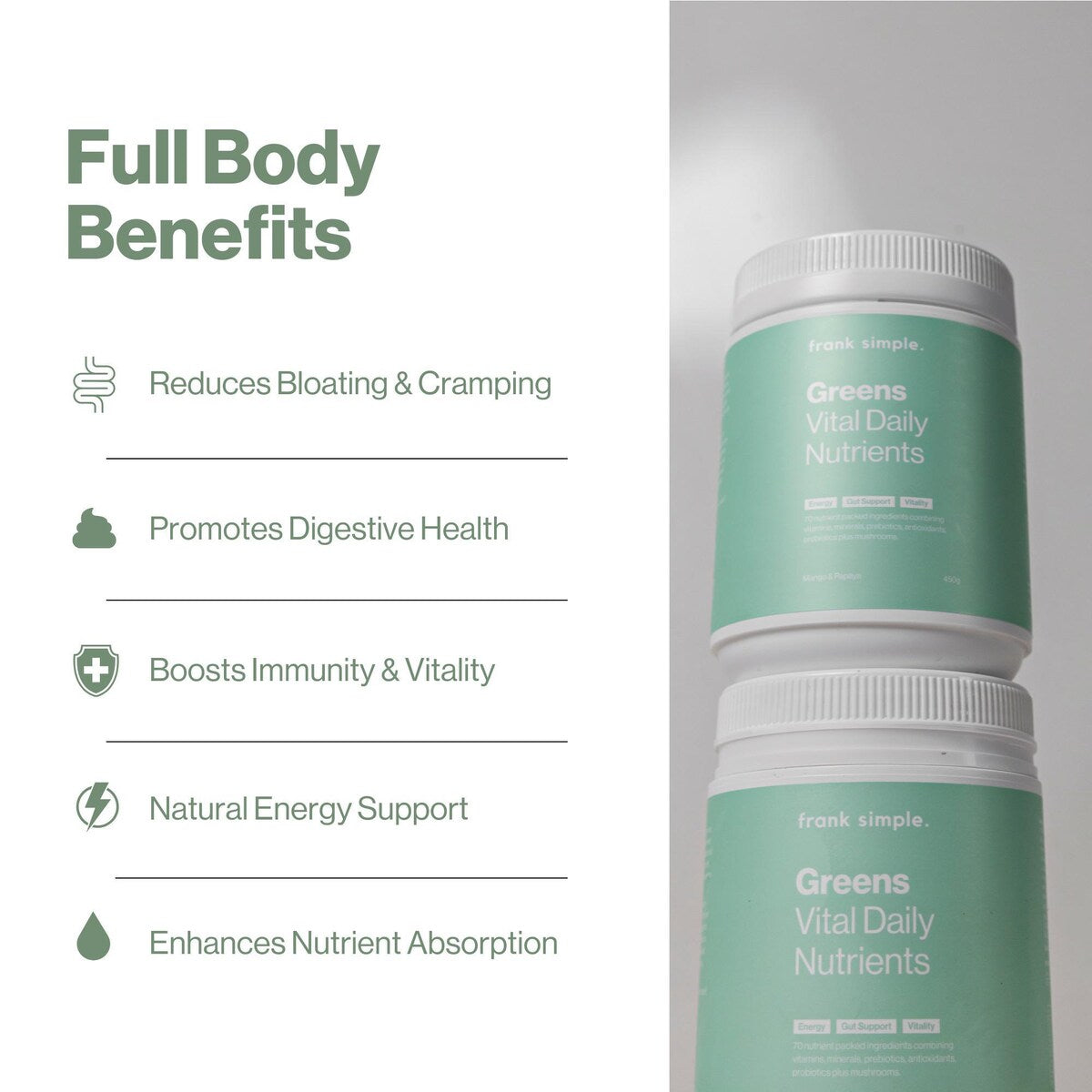 Frank Simple. Greens Vital Daily Nutrients Mango & Papaya 450g