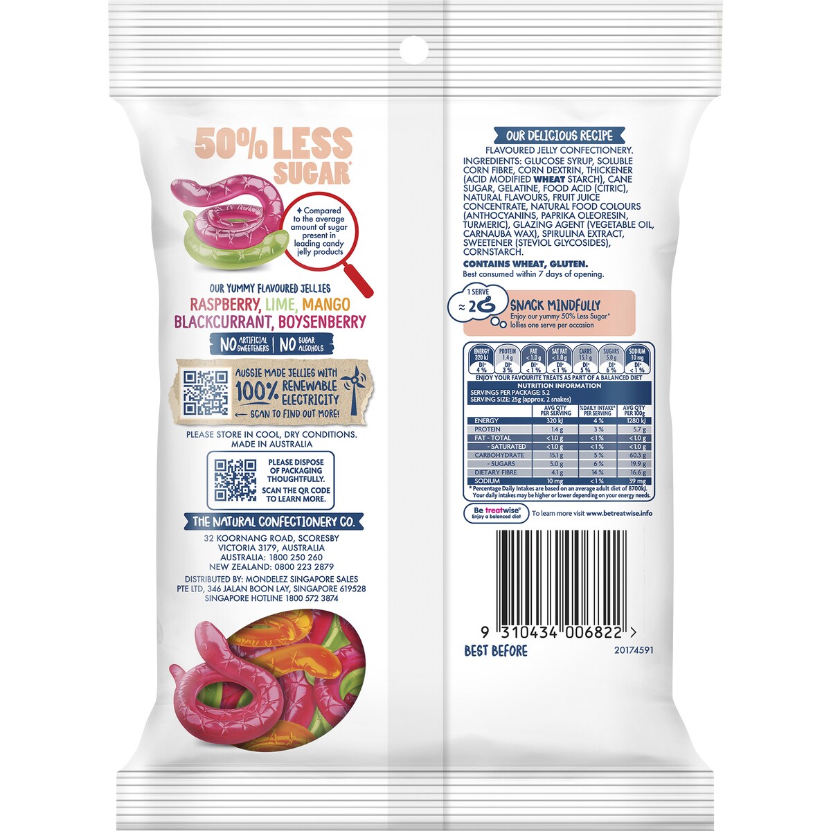 The Natural Confectionery Co. 50% Less Sugar Snakes 130g