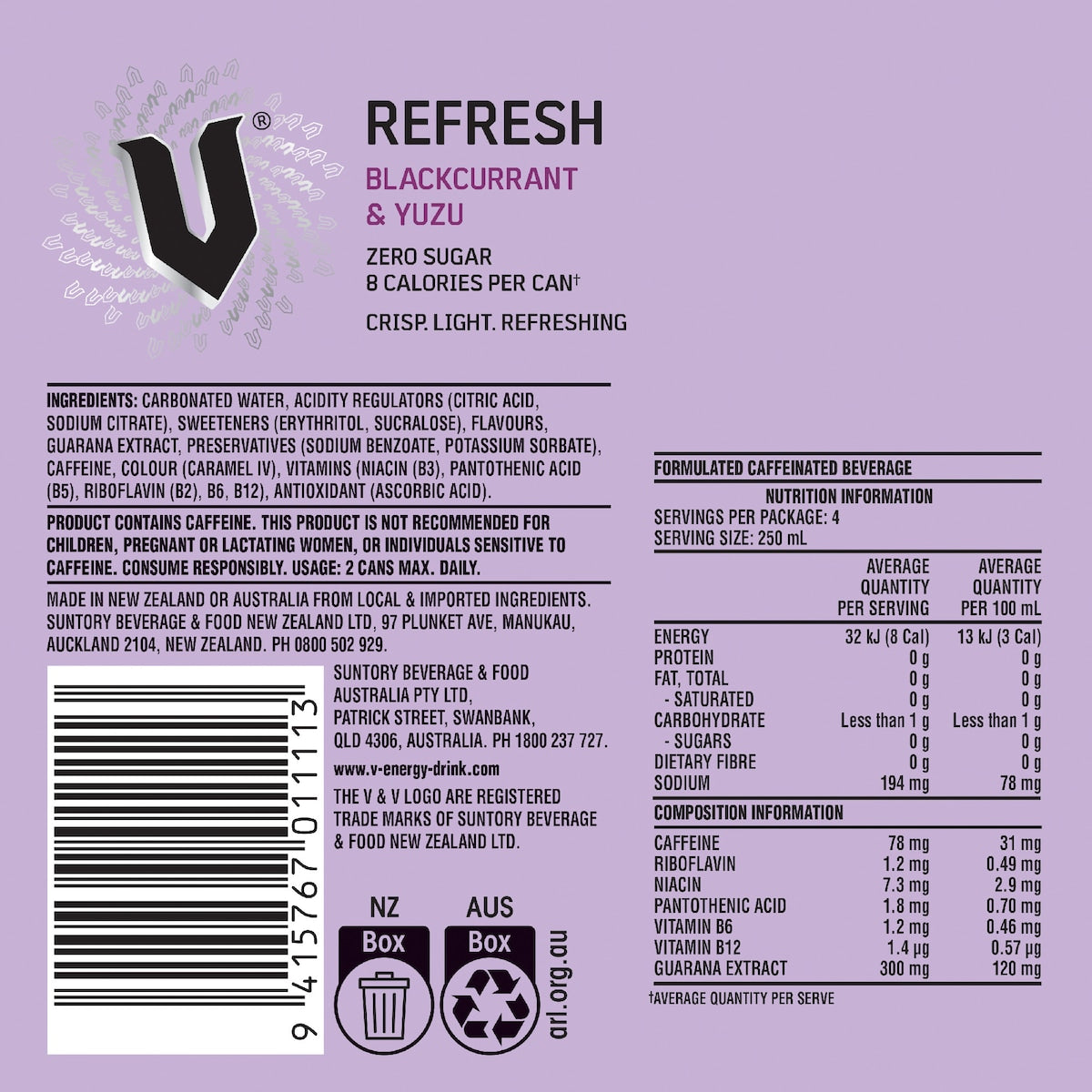 V Refresh Blackcurrant & Yuzu Energy Drink 250ml X 4 Pack