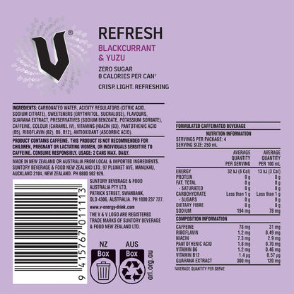V Refresh Blackcurrant & Yuzu Energy Drink 250ml X 4 Pack