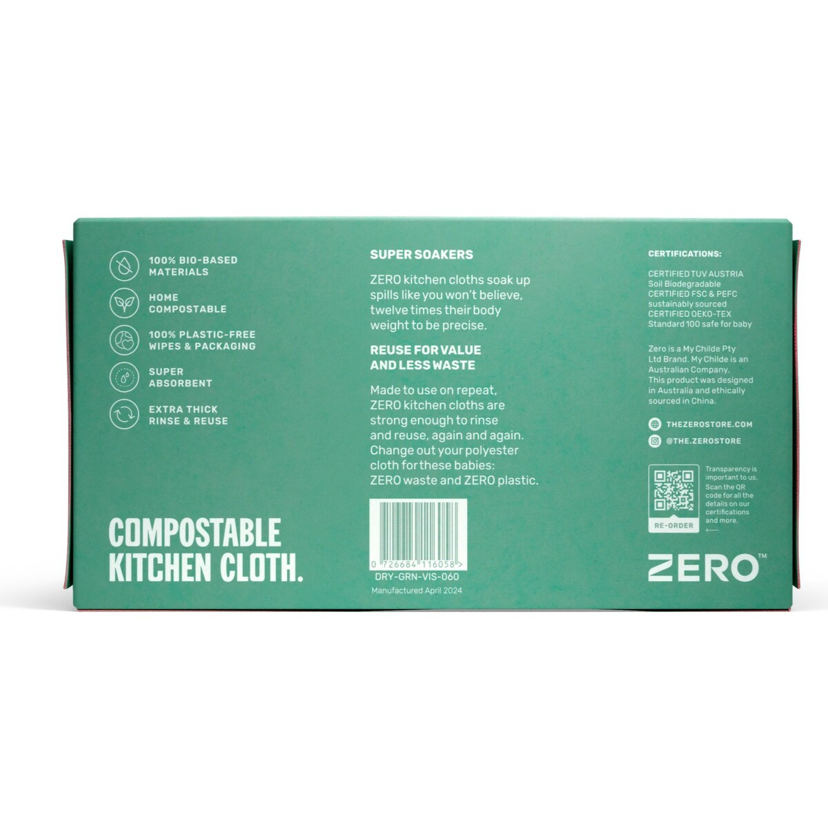 Zero Plastic Free Reusable Cleaning Wipes Large 60 Pack