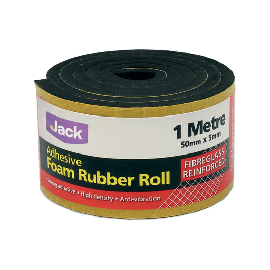 Jack 1m x 50mm x 5mm Adhesive Foam Rubber Roll - Fibreglass Reinforced, High Density, Strong Adhesive