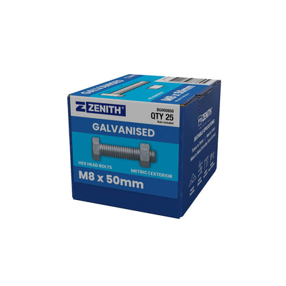 Zenith Hot Dip Galvanised Hex Head Bolts - M8 x 50mm - 25 Pack