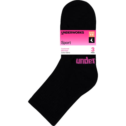 Underworks Womens Cushioned Mid Crew Sport Socks Size 5-8 3 Pack