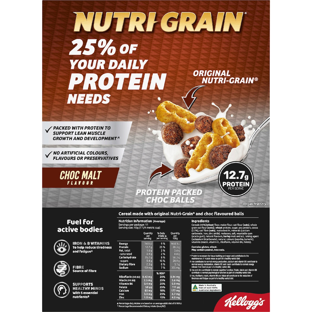 Kelloggs Nutri Grain High Protein Crunch Choc Malt Cereal 500g