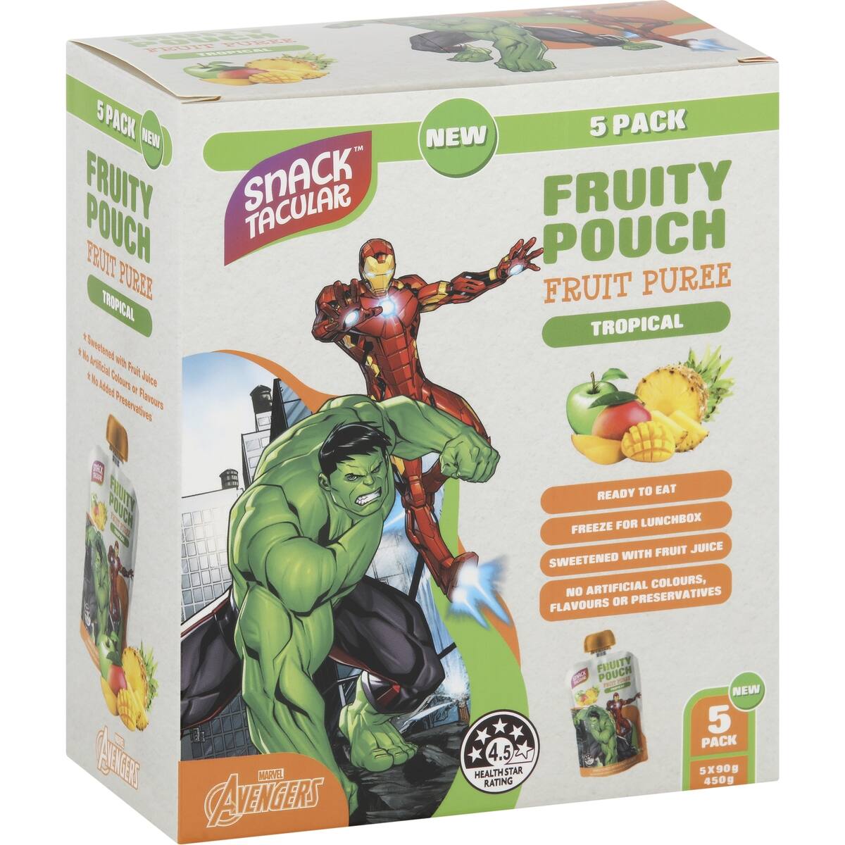 Snacktacular Fruity Pouch Fruit Puree Tropical Marvel Avengers 90g X 5 Pack