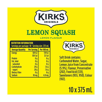 Kirks Lemon Squash Soft Drink Multipack Cans 375ml - 10 Pack
