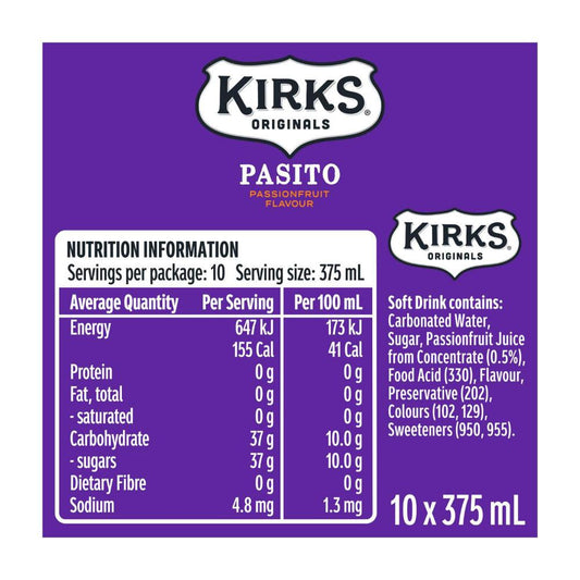 Kirks Pasito Passionfruit Soft Drink 10x375ml