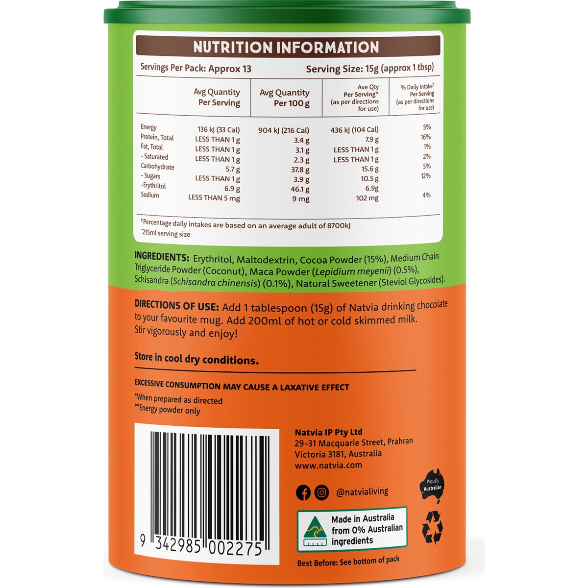 Natvia Hot Choc Energy + Schisandra & Maca 200g