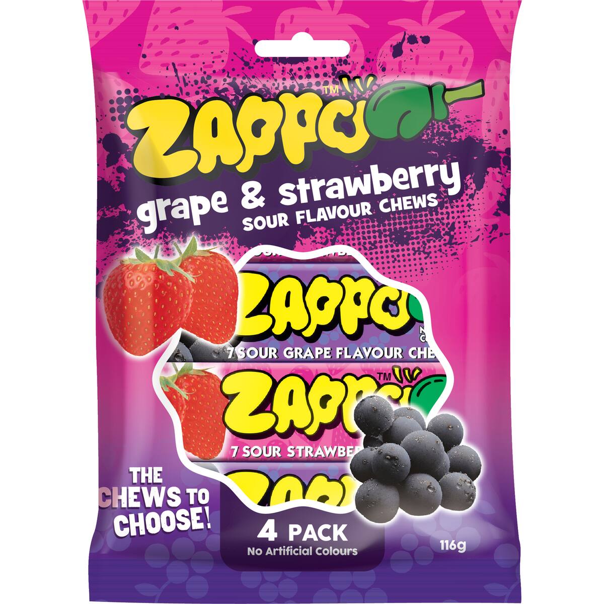 Zappo Sour Chews Grape & Strawberry 4 Pack