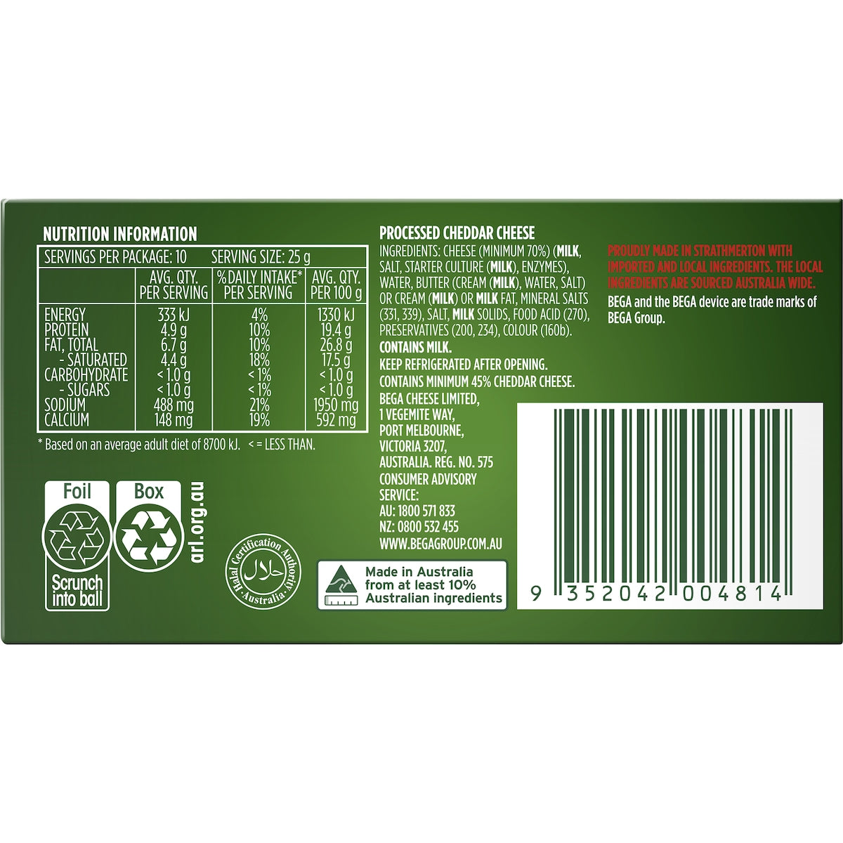 Bega Cheddar Cheese 250g