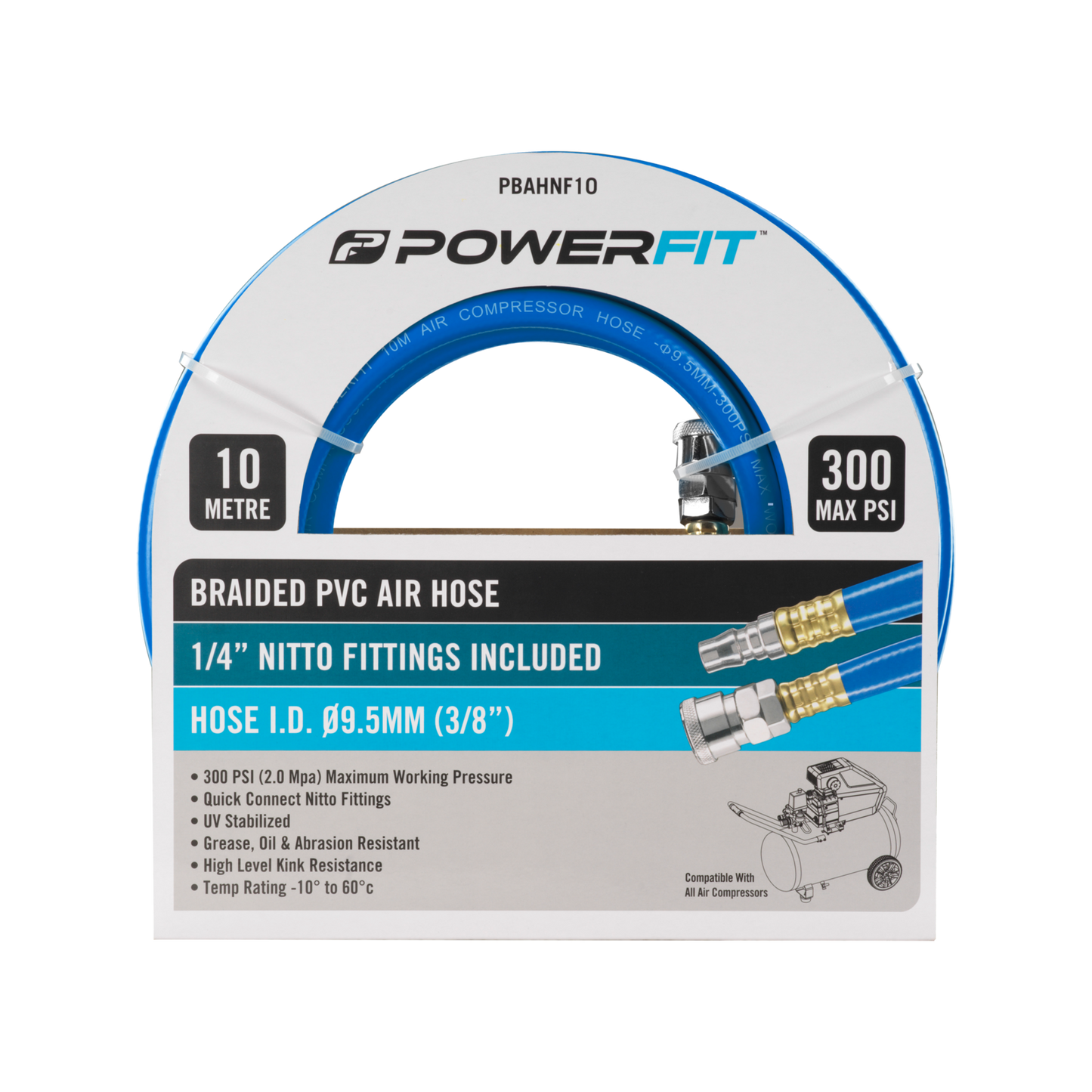 Powerfit Braided PVC Air Hose - 10m - 1/4" Nitto Fittings - 300 PSI