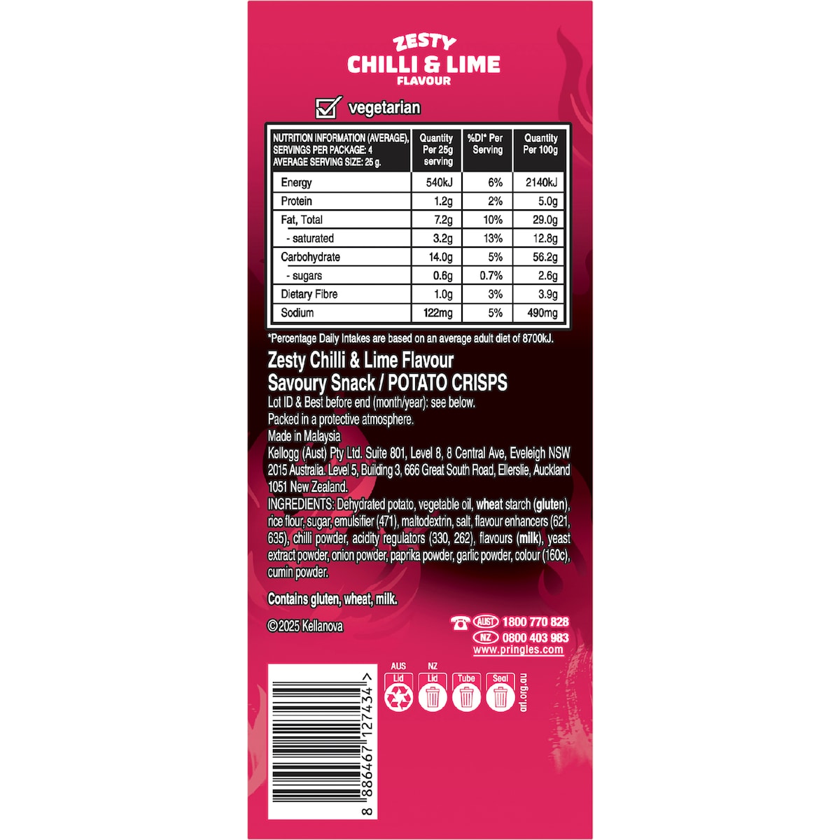 Pringles Zesty Chilli & Lime Flavour Stacked Potato Chips 118g