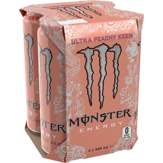 Monster Energy Drink Ultra Peachy Keen Cans 500ml X 4 Pack