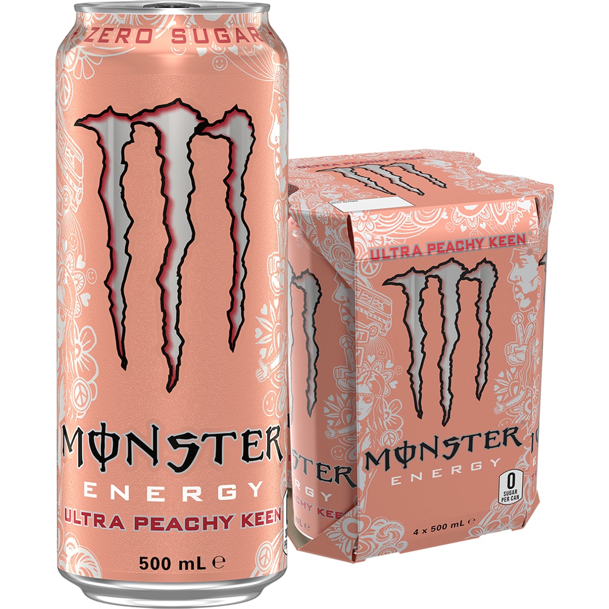 Monster Energy Drink Ultra Peachy Keen Cans 500ml X 4 Pack