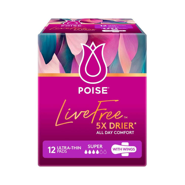 Poise Live Free Pads Super With Wings - 12 Pack
