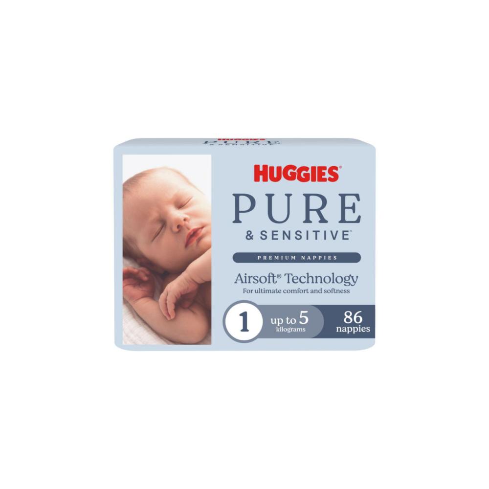 Huggies Pure & Sensitive Newborn Nappies Size 1 - 86 Pack