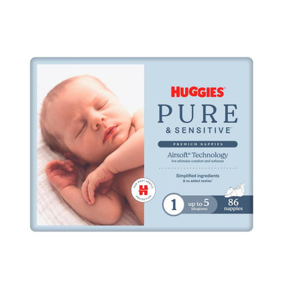 Huggies Pure & Sensitive Newborn Nappies Size 1 - 86 Pack