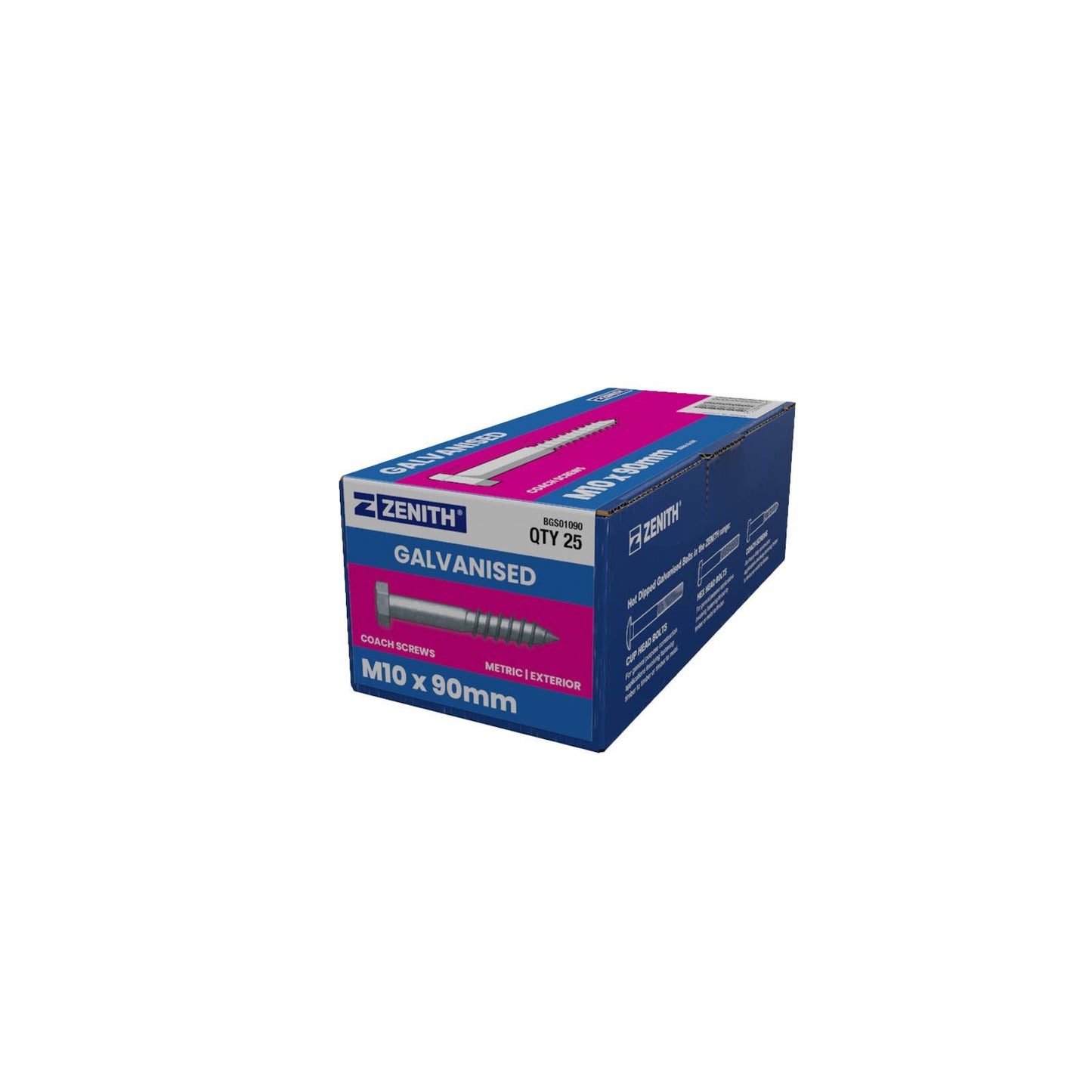 Zenith Hot Dip Galvanised Hex Head Coach Screws - M10 x 90mm - 25 Pack