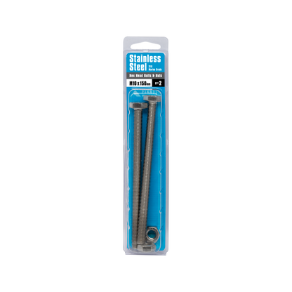 Pinnacle Hex Head Bolts and Nuts - M10 x 150mm - Stainless Steel - 2 Pack