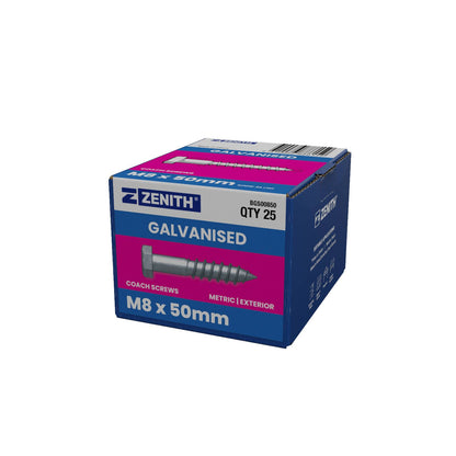 Zenith Hot Dip Galvanised Hex Head Coach Screws - M8 x 50mm - 25 Pack