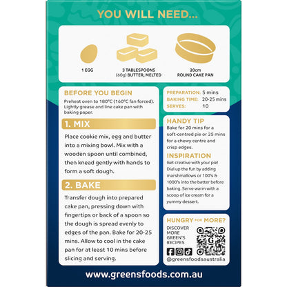 Greens Deluxe Choc Chip Cookie Pie Mix 400g
