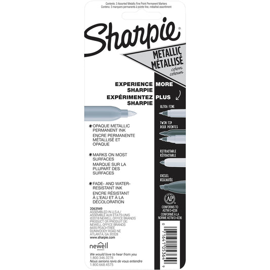 Sharpie Permanent Marker Pens Fine Metallic Colours 3 Pack