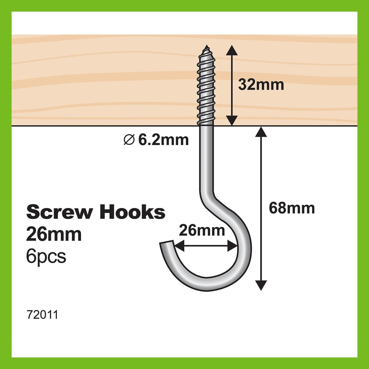 Everhang Zinc Plated Round Screw Hook 6 Pack - 26 x 6.2mm - Silver