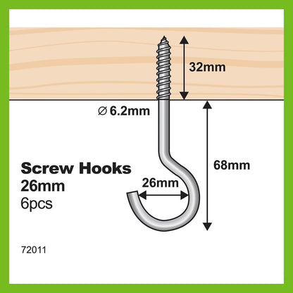 Everhang Zinc Plated Round Screw Hook 6 Pack - 26 x 6.2mm - Silver