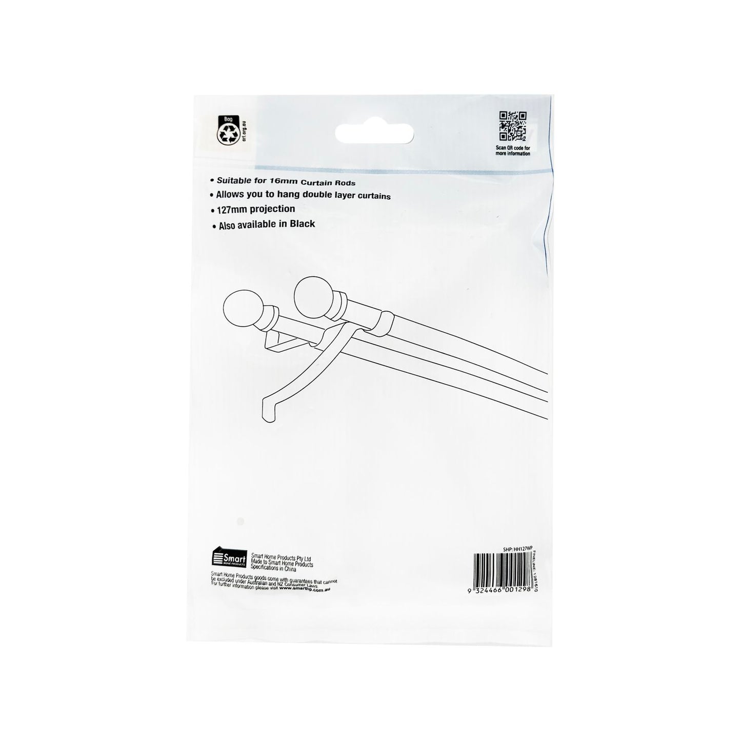 Windoware Double Stayed Curtain Rod Bracket - 127mm - 2 Pack - White