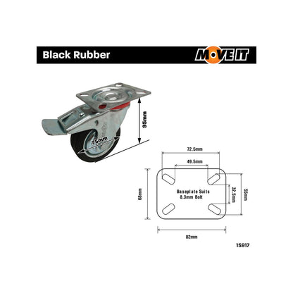 Move It 75mm Black Rubber Swivel Plate Castor with Brake 50kg Capacity