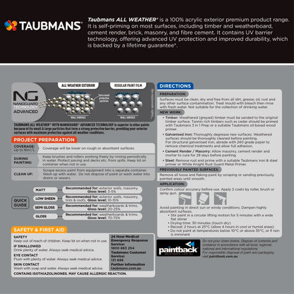 Taubmans All Weather Exterior Paint - 1L - Black - Low Sheen