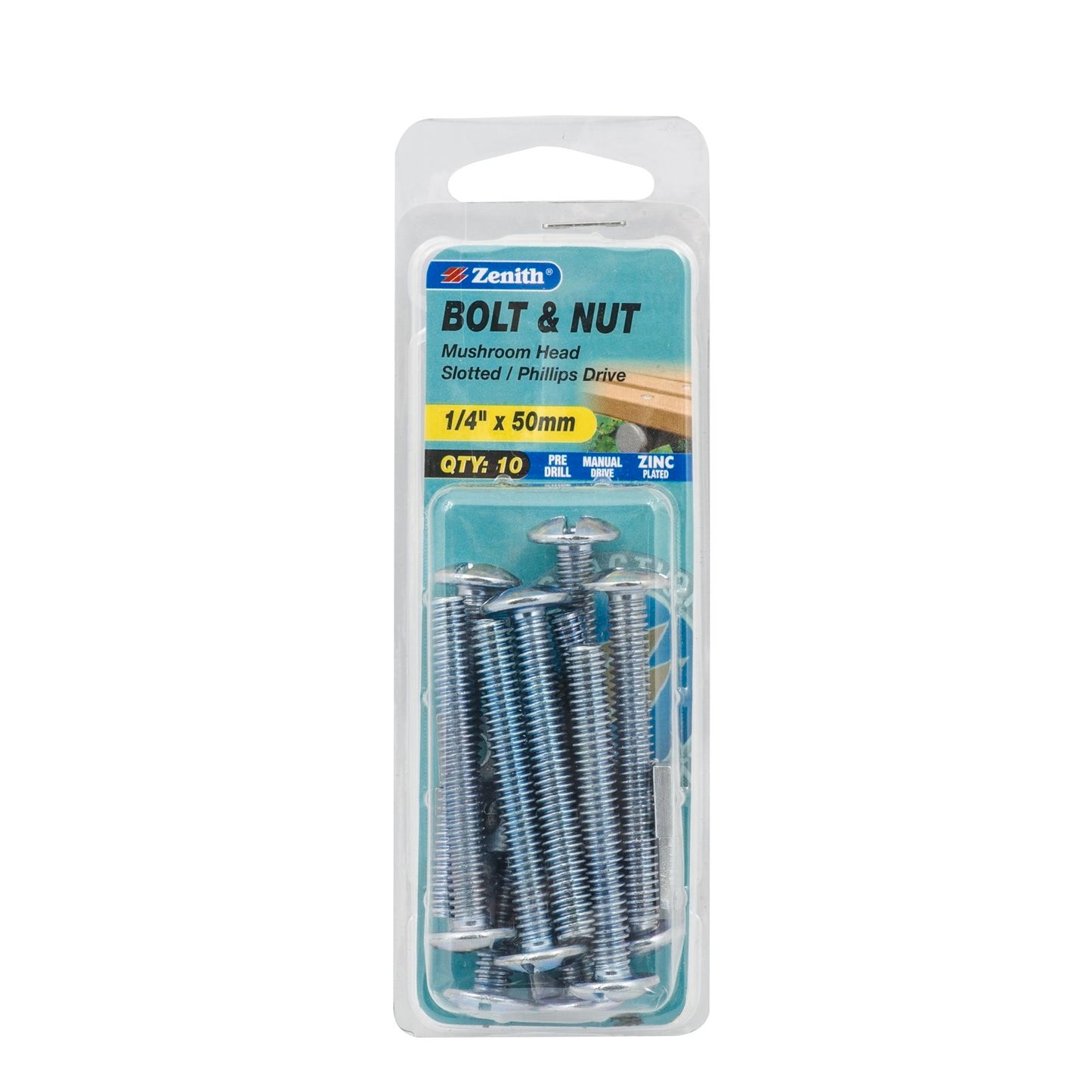 Zenith Mushroom Head Bolt & Nut - 1/4 x 50mm - 10 Pack