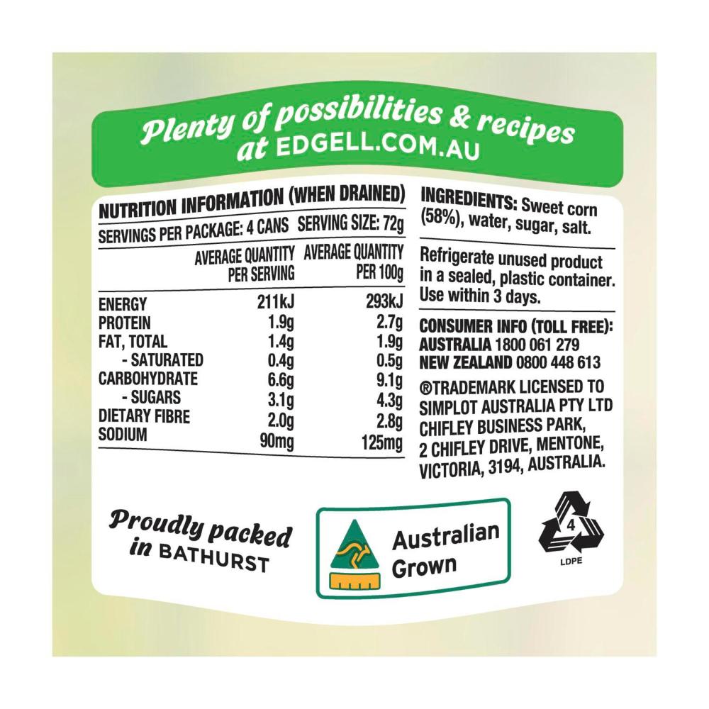 Edgell Super Sweet Corn Kernels 4 Pack - 500g