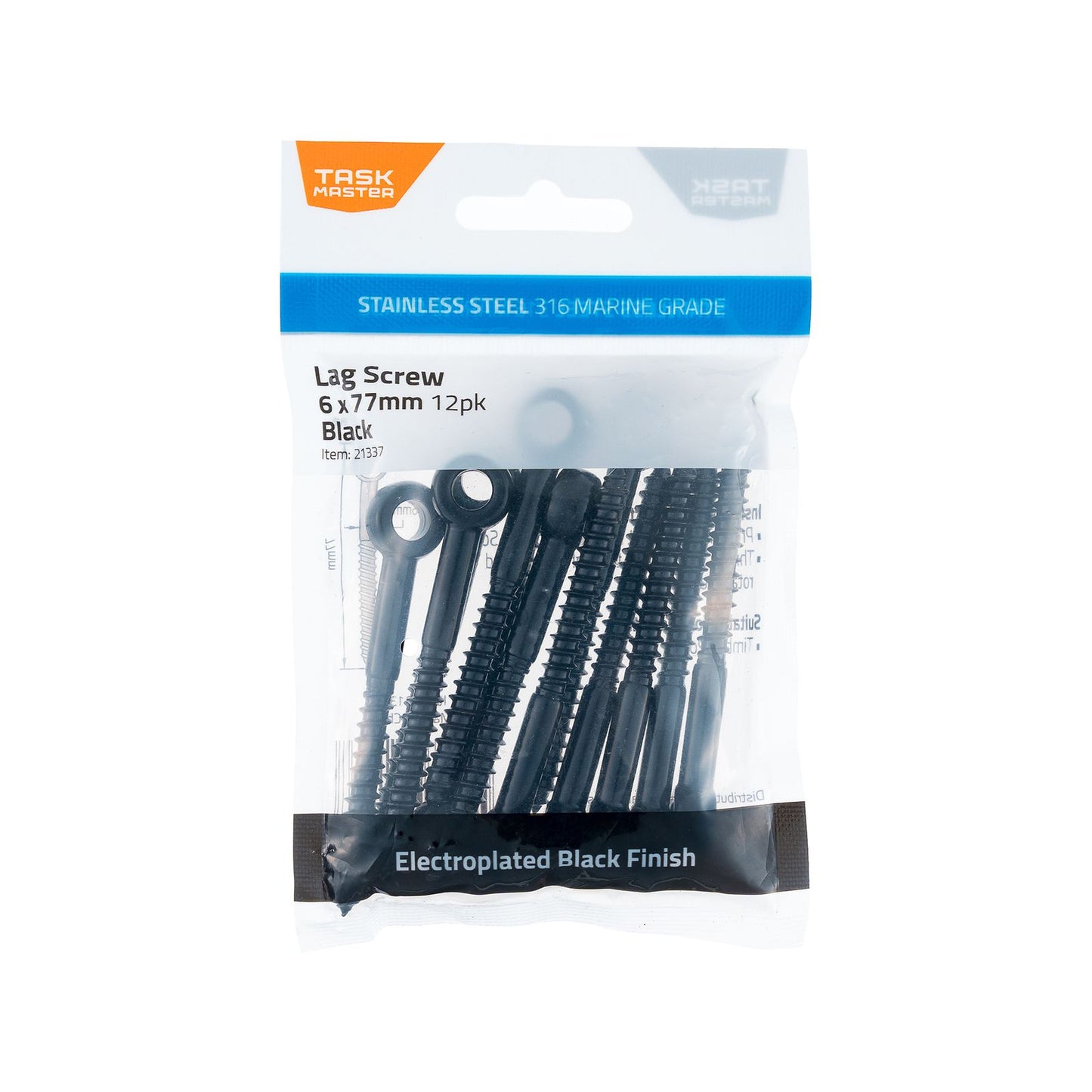 Taskmaster Lag Screw - 6 x 77 mm - 316 Stainless Steel - Black - 12 Pack
