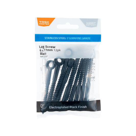 Taskmaster Lag Screw - 6 x 77 mm - 316 Stainless Steel - Black - 12 Pack