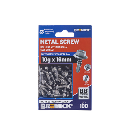 Bremick Metal Hex Screw - 10g x 16mm - 100 Pack