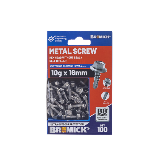 Bremick Metal Hex Screw - 10g x 16mm - 100 Pack