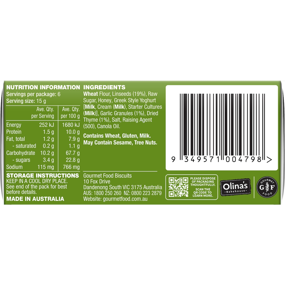 Olinas Bakehouse Artisan Crackers Biscuits Garlic & Thyme 90g