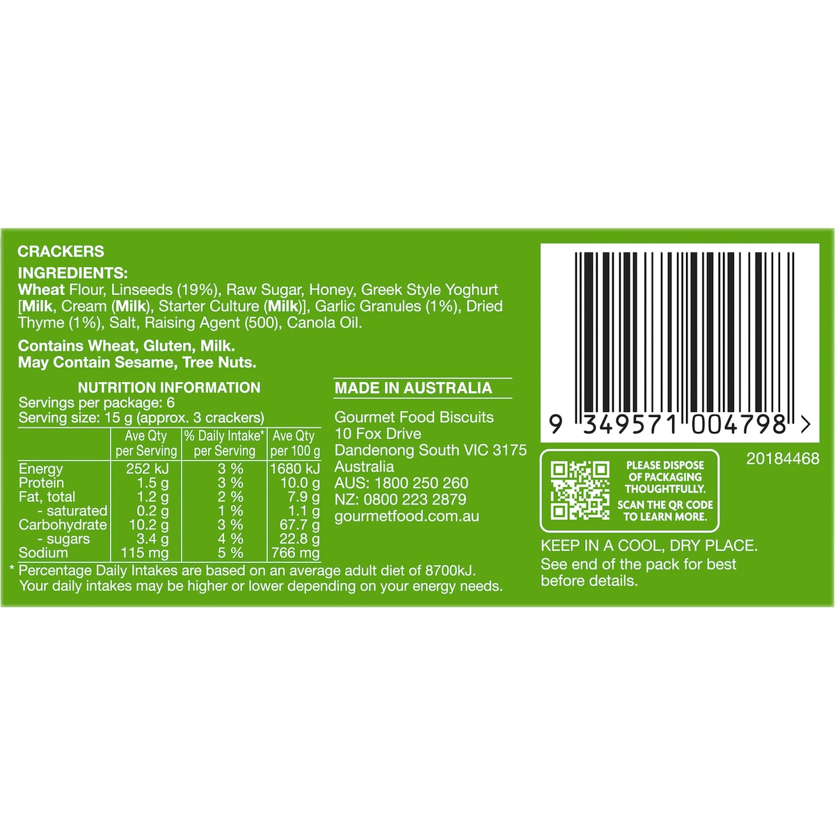 Olinas Bakehouse Artisan Crackers Biscuits Garlic & Thyme 90g