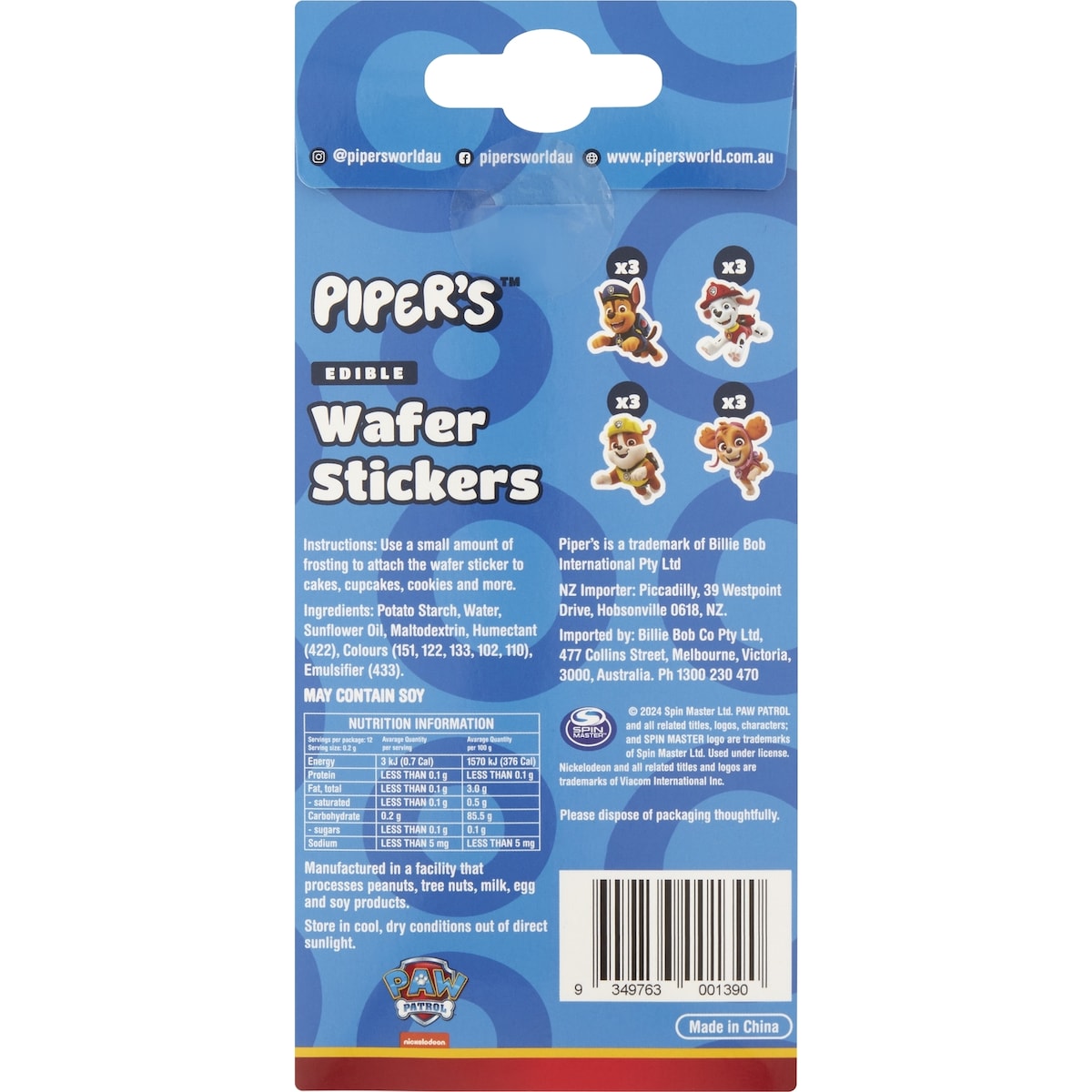 Pipers Paw Patrol Edible Wafer Stickers 12 Pack