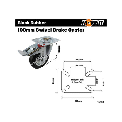 Move It 100mm Black Rubber Swivel Plate Castor with Brake 70kg
