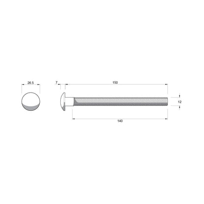 Zenith Stainless Steel 304 Cup Head Bolts - M12 x 150mm - 12 Pack