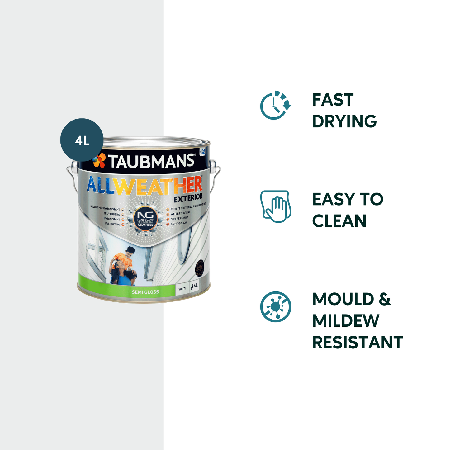 Taubmans All Weather Exterior Paint - 4L - White - Semi Gloss