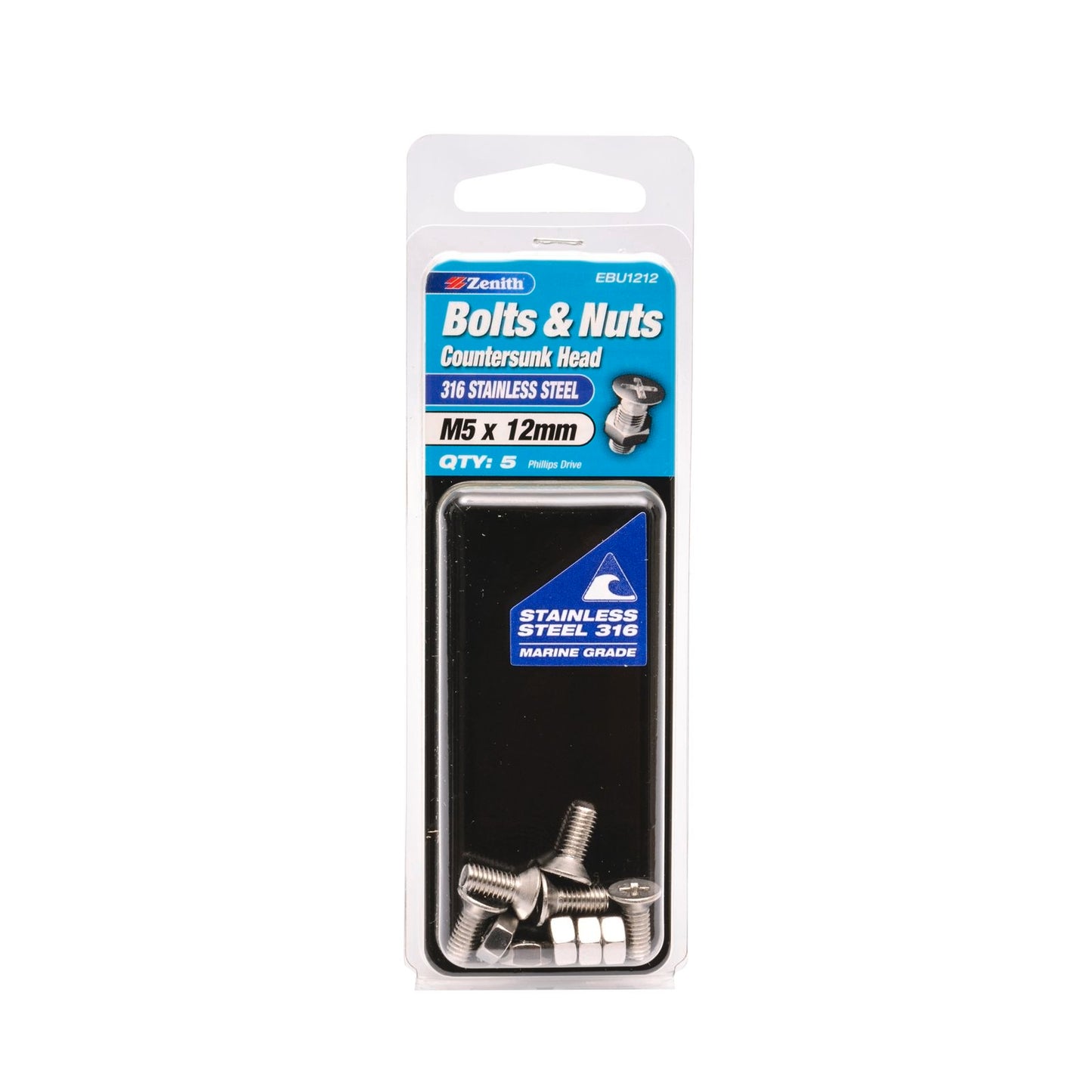 Zenith M5 x 12mm - Stainless Steel Countersunk Head Bolt & Nut - 5 Pack