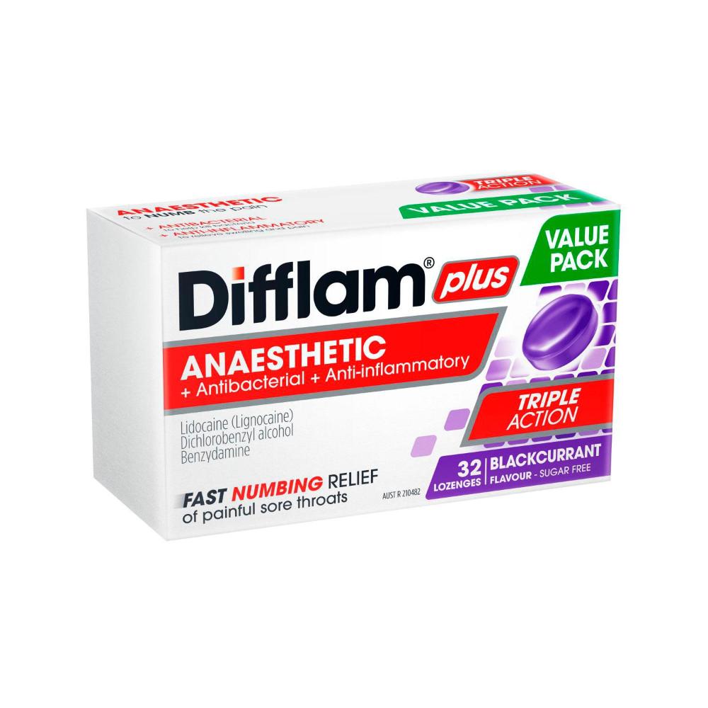 Difflam Plus Triple Action Blackcurrant - 32 Pack
