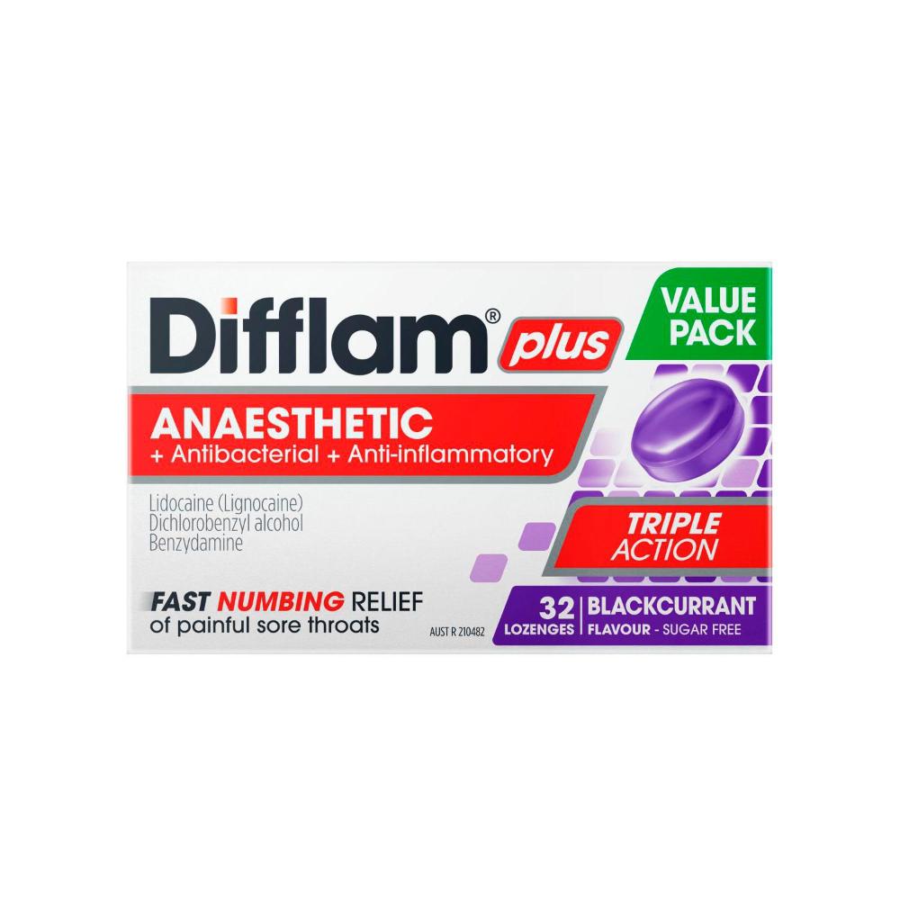 Difflam Plus Triple Action Blackcurrant - 32 Pack
