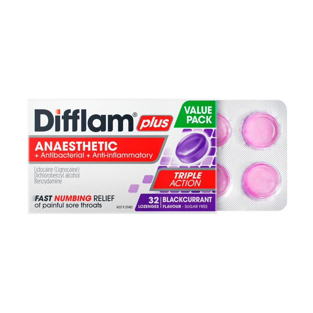 Difflam Plus Triple Action Blackcurrant - 32 Pack